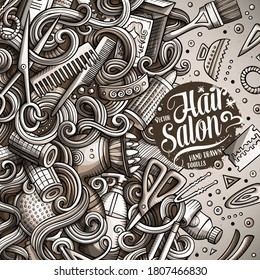 Cartoon cute doodles hand drawn Hair salon frame design. Graphic detailed, with lots of objects background. Funny vector illustration. Monochrome border with Barber shop items