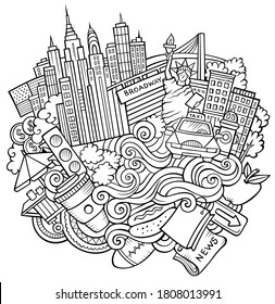 Cartoon cute doodles hand drawn Welcome to New York illustration. Sketchy detailed, with lots of objects background. Funny vector artwork