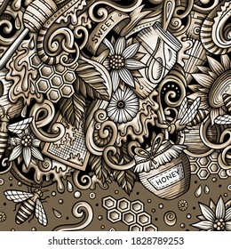 Cartoon cute doodles hand drawn Honey frame design. Graphic detailed, with lots of objects background. Funny vector illustration. Monochrome border with sweet food theme items