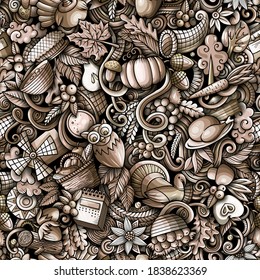 Cartoon cute doodles hand drawn Happy Thanksgiving seamless pattern. Monochrome detailed, with lots of objects background. Endless funny vector illustration. All objects separate.