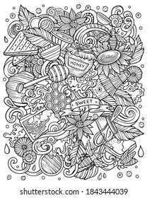 Cartoon cute doodles hand drawn Honey illustration. Line art detailed, with lots of objects background. Funny vector artwork.