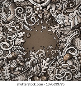 Cartoon cute doodles hand drawn Autumn frame design. Monochrome detailed, with lots of objects background. Funny vector illustration. Graphic border with Fall theme items