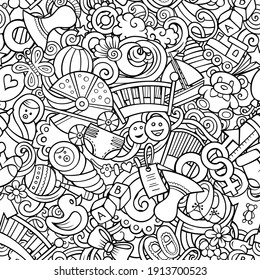 Cartoon cute doodles hand drawn Baby seamless pattern. Sketchy detailed, with lots of objects background. Endless funny vector illustration. All objects separate.