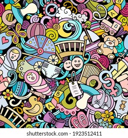 Cartoon cute doodles hand drawn Baby seamless pattern. Colorful detailed, with lots of objects background. Endless funny vector illustration. All objects separate.