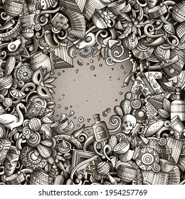 Cartoon cute doodles hand drawn latinamerican frame design. All items separated. Funny vector illustration. Monochrome border with Latin America theme items