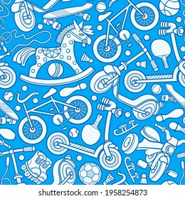 Cartoon cute doodles hand drawn kids games seamless pattern. Many objects vector background. Funny colorful artwork. 