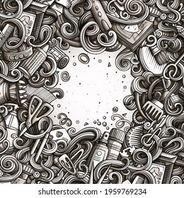 Cartoon cute doodles hand drawn Hair salon frame design. Monochrome detailed, with lots of objects background. Funny vector illustration. Toned border with Barber shop items