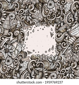Cartoon cute doodles hand drawn Honey frame design. Monochrome detailed, with lots of objects background. Funny vector illustration. Graphic border with sweet food theme items