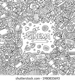 Cartoon cute doodles hand drawn cinema frame design. Sketchy detailed, with lots of objects background. Funny vector illustration. Line art border with movie theme items