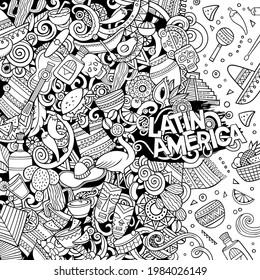 Cartoon cute doodles hand drawn latinamerican frame design. All items separated. Funny vector illustration. Sketchy border with Latin America theme items
