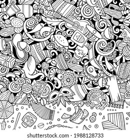 Cartoon cute doodles hand drawn latinamerican frame design. All items separated. Funny vector illustration. Sketchy border with Latin America theme items