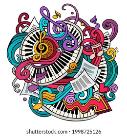 Cartoon cute doodles hand drawn Music illustration. Colorful detailed, with lots of objects background. All items are separate. Funny vector artwork