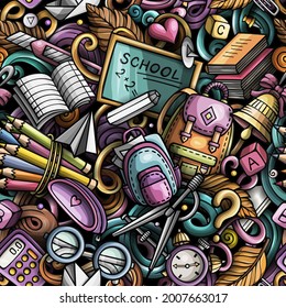 Cartoon cute doodles hand drawn School seamless pattern. Colorful detailed, with lots of objects background. Endless funny vector illustration. All objects separate.