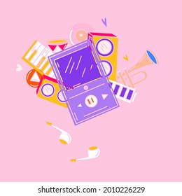 Cartoon cute doodles hand drawn Musical seamless pattern. Colorful detailed musical drawing