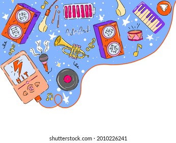 Cartoon cute doodles hand drawn. Colorful Musical  detailed musical drawing.