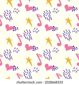 Cartoon cute doodles hand drawn Musical seamless pattern. Colorful detailed, with lots of objects background. Bright colors backdrop with music symbols and items
