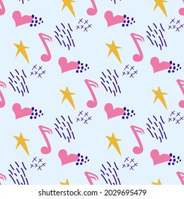 Cartoon cute doodles hand drawn Musical seamless pattern. Colorful detailed, with lots of objects background. Bright colors backdrop with music symbols and items