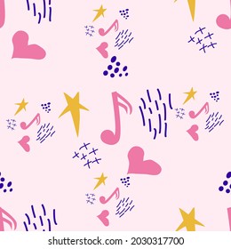 Cartoon cute doodles hand drawn Musical seamless pattern. Colorful detailed, with lots of objects background. Bright colors backdrop with music symbols and items