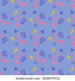 Cartoon cute doodles hand drawn Musical seamless pattern. Colorful detailed, with lots of objects background. Bright colors backdrop with music symbols and items