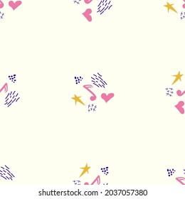 Cartoon cute doodles hand drawn Musical seamless pattern. Colorful detailed, with lots of objects background. Bright colors backdrop with music symbols and items
