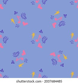 Cartoon cute doodles hand drawn Musical seamless pattern. Colorful detailed, with lots of objects background. Bright colors backdrop with music symbols and items