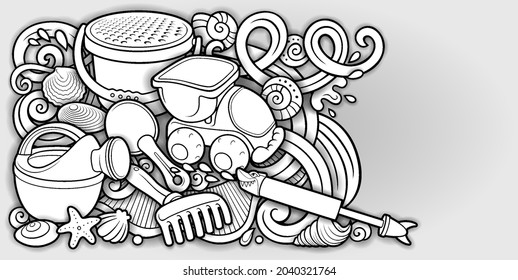 Cartoon cute doodles hand drawn summer beach children's entertainment illustration. Many toys objects vector background. Funny outdoor games sketchy artwork.
