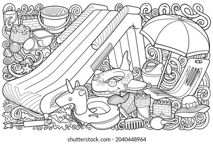 Cartoon cute doodles hand drawn summer beach children's entertainment illustration. Many toys objects vector background. Funny outdoor games sketchy artwork.