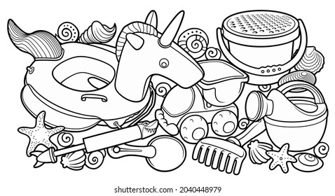 Cartoon cute doodles hand drawn summer beach children's entertainment illustration. Many toys objects vector background. Funny outdoor games sketchy artwork.