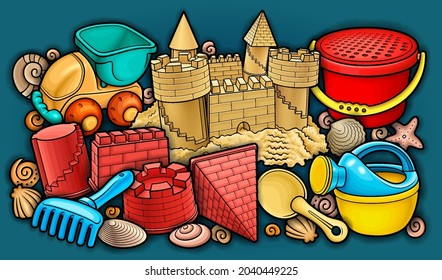 Cartoon cute doodles hand drawn summer beach children's entertainment illustration. Many toys objects vector background. Funny outdoor games artwork.