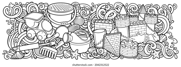 Cartoon cute doodles hand drawn summer beach children's entertainment illustration. Many toys objects vector background. Funny outdoor games sketchy artwork.