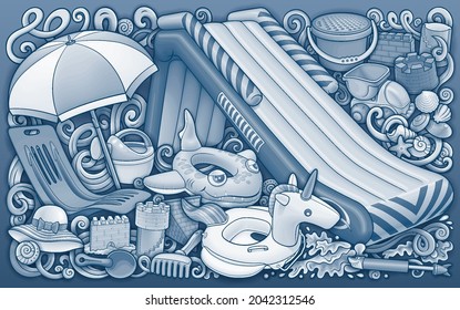 Cartoon cute doodles hand drawn summer beach children's entertainment illustration. Many toys objects vector background. Funny outdoor games artwork.