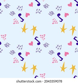 Cartoon cute doodles hand drawn Musical seamless pattern. Colorful detailed, with lots of objects background. Bright colors backdrop with music symbols and items