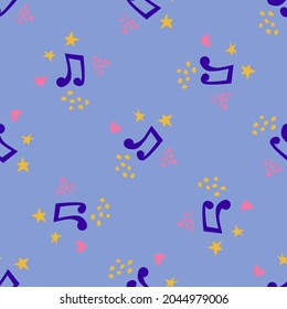 Cartoon cute doodles hand drawn Musical seamless pattern. Colorful detailed, with lots of objects background. Bright colors backdrop with music symbols and items