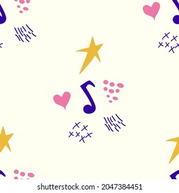 Cartoon cute doodles hand drawn Musical seamless pattern. Colorful detailed, with lots of objects background. Bright colors backdrop with music symbols and items