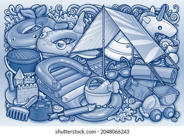 Cartoon cute doodles hand drawn summer beach children's entertainment illustration. Many toys objects vector background. Funny outdoor games artwork.