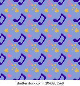 Cartoon cute doodles hand drawn Musical seamless pattern. Colorful detailed, with lots of objects background. Bright colors backdrop with music symbols and items