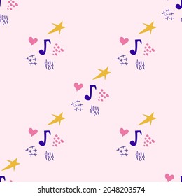 Cartoon cute doodles hand drawn Musical seamless pattern. Colorful detailed, with lots of objects background. Bright colors backdrop with music symbols and items