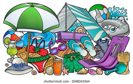 Cartoon cute doodles hand drawn summer beach children's entertainment illustration. Many toys objects vector background. Funny outdoor games artwork.