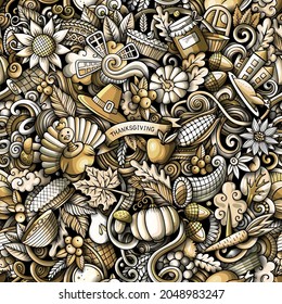 Cartoon cute doodles hand drawn Happy Thanksgiving seamless pattern. Monochrome detailed, with lots of objects background. Endless funny vector illustration. All objects separate.