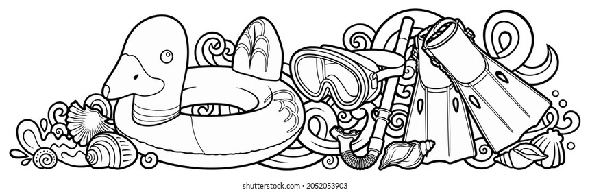 Cartoon cute doodles hand drawn summer beach children's entertainment illustration. Many toys objects vector background. Funny outdoor games line art artwork.