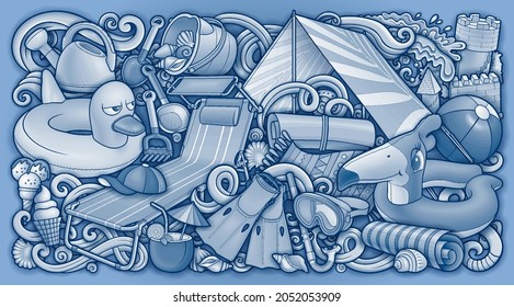 Cartoon cute doodles hand drawn summer beach children's entertainment illustration. Many toys objects vector background. Funny outdoor games line art artwork.