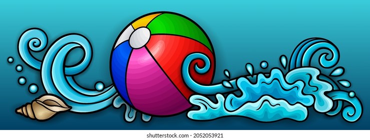 Cartoon cute doodles hand drawn summer beach children's entertainment illustration. Many toys objects vector background. Funny outdoor games artwork.