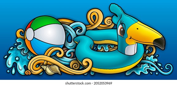 Cartoon cute doodles hand drawn summer beach children's entertainment illustration. Many toys objects vector background. Funny outdoor games artwork.