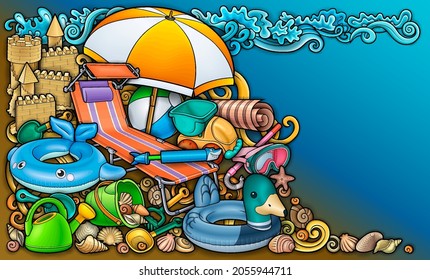 Cartoon cute doodles hand drawn summer beach children's entertainment illustration. Many toys objects vector background. Funny outdoor games artwork.