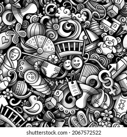 Cartoon cute doodles hand drawn Baby seamless pattern. Graphics detailed, with lots of objects background. Endless funny vector illustration.