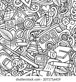 Cartoon cute doodles hand drawn School seamless pattern. Sketchy detailed, with lots of objects background. Endless funny vector illustration. All objects separate.