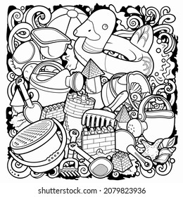 Cartoon cute doodles hand drawn summer beach children's entertainment illustration. Many toys objects vector background. Funny outdoor games artwork.