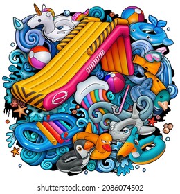 Cartoon cute doodles hand drawn summer beach children's entertainment illustration. Many toys objects vector background. Funny outdoor games artwork.