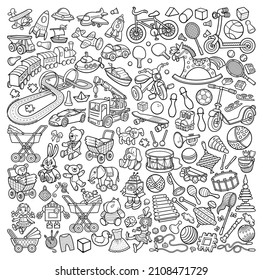 Cartoon cute doodles hand drawn kids toys objects set. Funny artwork.