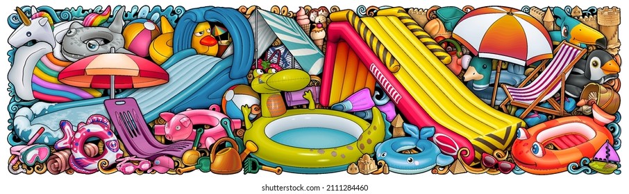 Cartoon cute doodles hand drawn summer beach children's entertainment illustration. Many toys objects vector background. Funny outdoor games artwork.